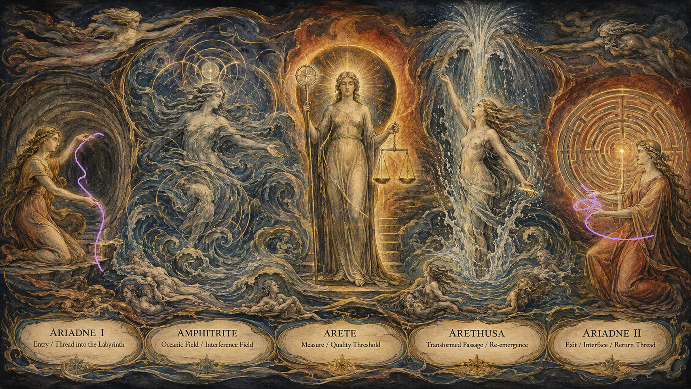 The five figures, joined by the thread.
